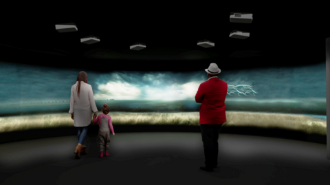 An artist's impression of what the exhibition will look like shows three visitors, a man, woman and child, standing before a round screen as part of an immersive experience. They are looking at an image of a landscape and curators have said the exhibition explores the theme of place.