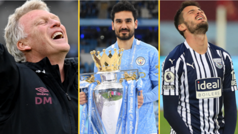 Split picture of West Ham manager David Moyes, Manchester City's Ilkay Gundogan with the Premier League trophy and a West Brom player