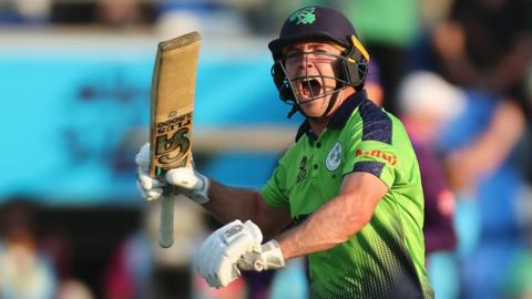 Ireland batter Curtis Campher celebrates victory over Scotland