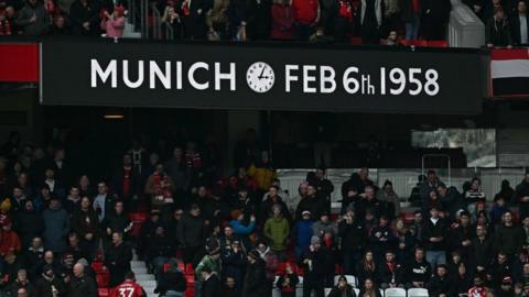 A sign showing the time and date of the Munich aeroplane crash at Old Trafford football ground. Skipper Roger Byrne, England internationals Tommy Taylor and Duncan Edwards, plus Geoff Bent, Eddie Colman, Mark Jones, David Pegg and Billy Whelan were the Manchester United players killed