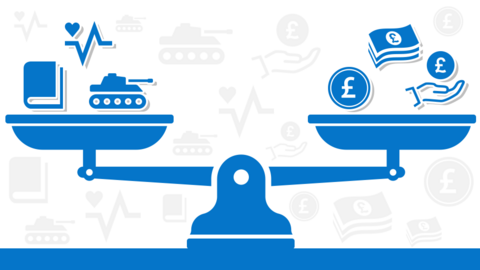 Illustration showing government balancing public spending with tax and borrowing