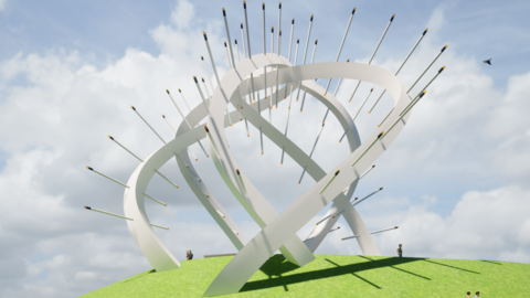 A computer generated view of a spiral sculpture with light spikes protruding from it on top of a mound of grass with people dotted around it.