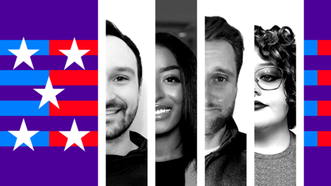 A graphic featuring partial profiles of four American voters who participated in the story. The images are set against a purple background with white stars and blue and red stripes.