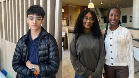A split screen with one male teenager on the left and two female teenagers on the right all looking into the camera