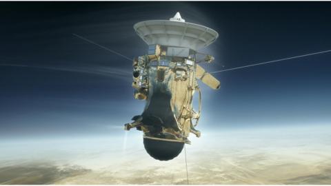 Artwork: Cassini going into the atmosphere of Saturn