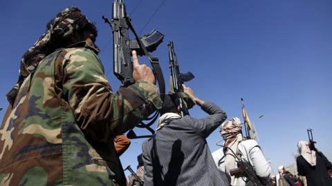 People gather to stage a protest against United Nations (UN) Security Council resolution demands that Houthis immediately cease all attacks on ships in Red Sea in Sanaa, Yemen on January 11, 2024