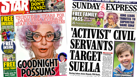 The headline in the Daily Star reads 'Goodnight possums' and the headline in the Sunday Express reads 'Activist civil servants target Suella'