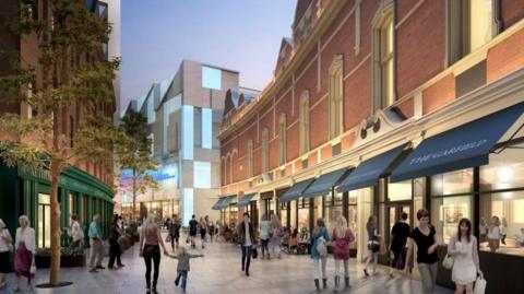 An artists' impression of a paved street with shops and offices. There are trees along the left side and tall, brick buildings. Shops have canopies over the street. Shoppers walk down the street and browse in shop windows.