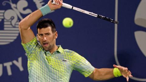 Novak Djokovic plays a forehand at the Dubai Tennis Championships during his win against Hubert Hurkacz