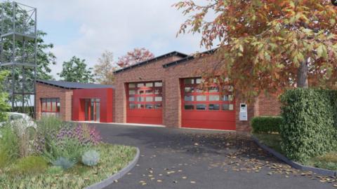 A computer-generated image showing the proposed rebuilt Chobham Fire Station, with two red appliance bay doors, a brick exterior, landscaped planting and a metal training tower to the side.