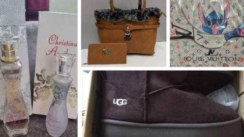 A collage-style image of brown boots, a perfume bottle, a Louis Vuitton pattern bag with Disney's Stitch on the front of it, and a light brown bag, all of which are fake goods.