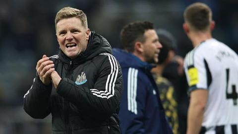 Eddie Howe celebrates after beating Manchester City