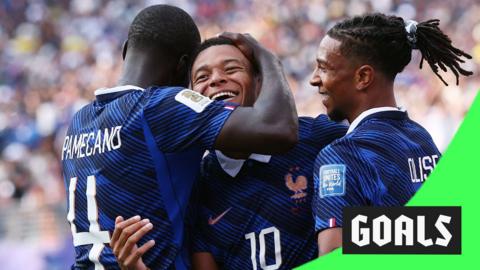 Kylian Mbappe celebrates with Dayot Upamecano and Michael Olise