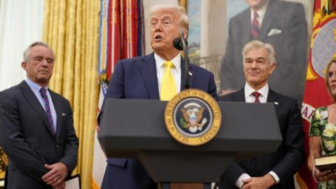 Donald Trump, with his signature combed over greying hair, wears a navy suit with a white shirt and yellow tie as he speaks at a lectern in the White House on Friday 