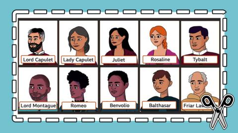 Grid displaying cartoon drawings of the characters from Romeo and Juliet.