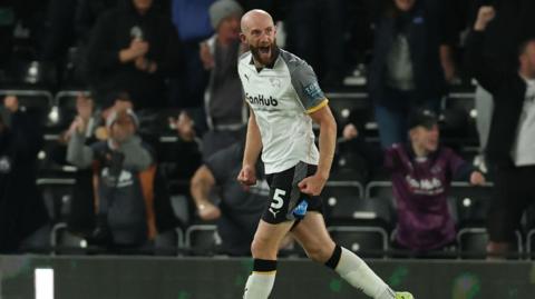 Matt Clarke celebrates after scoring for Derby County