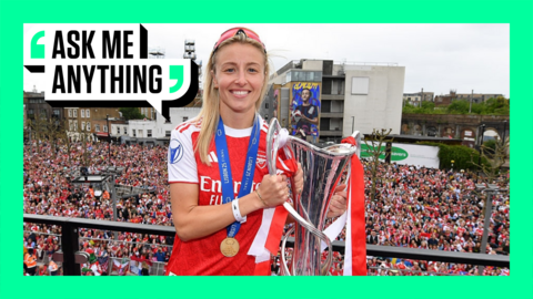 Arsenal defender Leah Williamson holding the Women's Champions League with an Ask Me Anything border around it