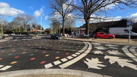 A photo taken from the pavement showing one of the roundabouts, with the white leaf crossing on the right and the rainbow leaf roundabout on the left. It is a sunny day and the sky is blue.