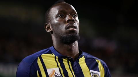 Olympic champion Usain Bolt playing football for Central Coast Mariners