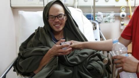 Rescued Taiwanese trekker Liang Sheng Yueh being treated at Grandee International Hospital in Kathmandu, Nepal, 26 April 2017.