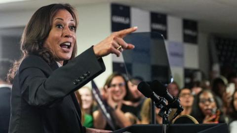 Kamala Harris speaks on Monday in Delaware