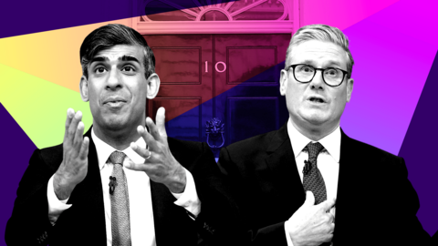 Rishi Sunak and Keir Starmer in a designed graphic with Number 10 in the background