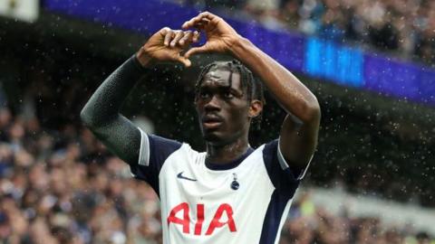 Tottenham's Yves Bissouma celebrates after scoring against Everton