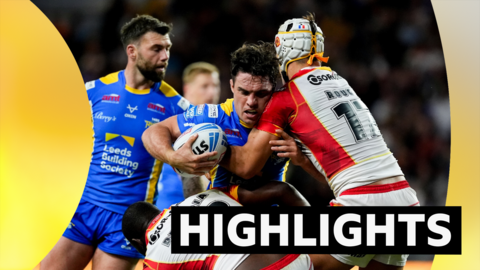 Leeds' Brodie Croft is tackled during the win over Catalans 