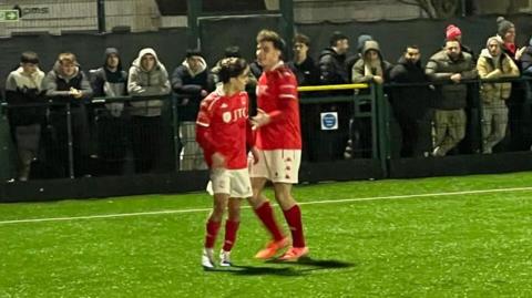 Miguel Carvalho (left) celebrated scoring for the third time this season for Jersey Bulls