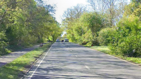 A Google Street image of a two-lane road. There is thick foliage either side of the road.