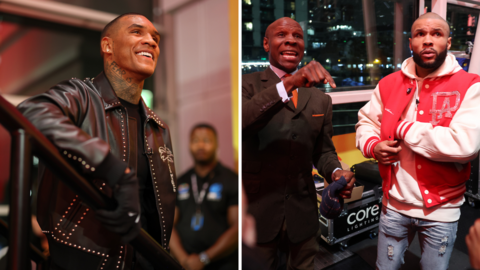 Split image of Conor Benn in a leather jacket and Chris Eubank Sr and Jr side by side