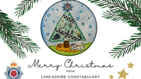 A drawing of a Christmas bauble with a Christmas tree inside it and a dog and presents