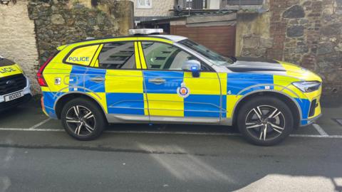 Guernsey Police car - A yellow and blue checked car with the Guernsey Police logo and the word Police on the back window. 