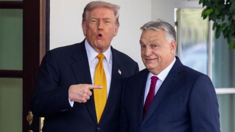 US President Donald Trump in a navy suit with a yellow tie stands and points to Hungary's Prime Minister Viktor Orban in a navy suit with red tie as they stand outside the White House