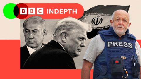 A treated collage featuring close up images of Benjamin Netanyahu and Donald Trump with the Iranian flag edited in the background