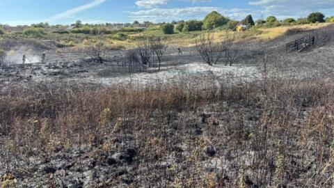 Firefighters hose down a scorched area of grassland