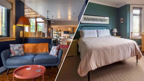 This is a split image divided diagonally from the top centre to the bottom centre, showing two different rooms in a home.