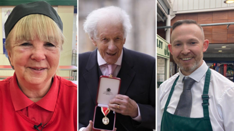 Three images side by side: from left to right, a close-up of a woman with a blonde fringe, wearing a red shirt, red apron and black hat. Next, an older man wearing a suit with white hair holds a knighthood medal. On the right, a man wearing a white shirt, a tie and a green apron stands outside a butchers shop.