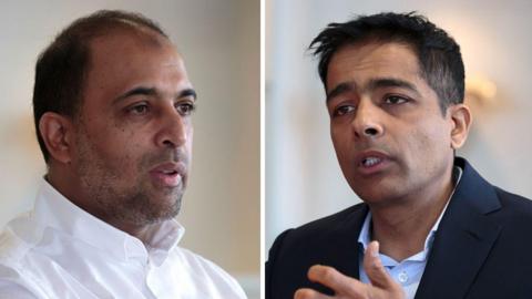 Close ups of Zuber (to the left) and Mohsin Issa (to the right) both wearing smart shirts. They look like they are facing each other and talking