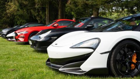 Half a dozen white, red and black supercars line up on some grass.