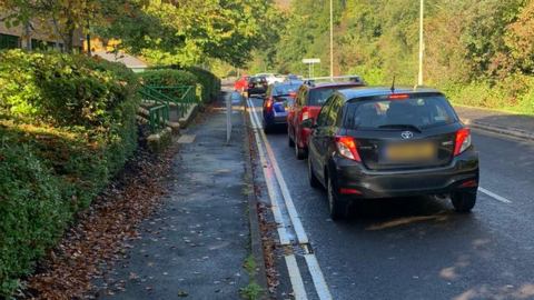 Cars queuing at Clydach Vale