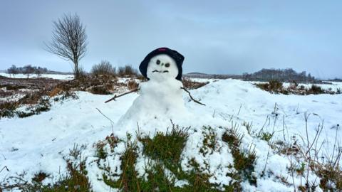 A snowman in a snowy field