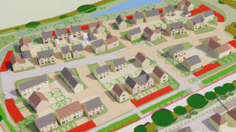 A housing drawing plan with a bird's-eye view of detached and semi-detached properties with gardens, driveways, streets and a pond.