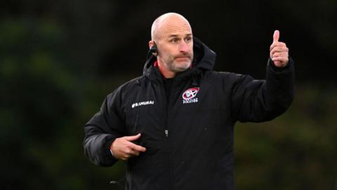  Gavin Cattle, Head Coach of Cornish Pirates looks on during the Championship Rugby match between Cornish Pirates and Ealing Trailfinders at Mennaye Field on September 27, 2024