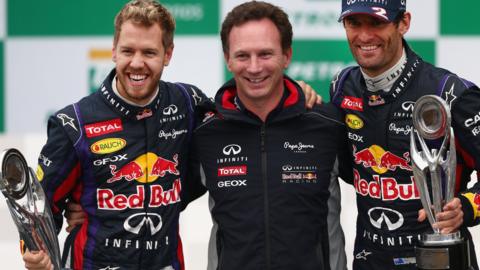 Sebastian Vettel, Christian Horner and Mark Webber