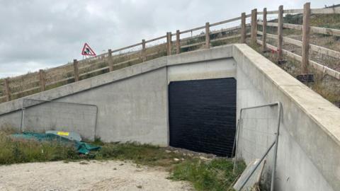 The image shows a grey concrete bridge. The underpass has been blocked off with a black structure. There are two metal fences beside the underpass.