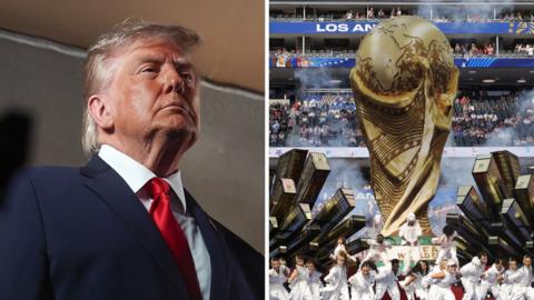 Split screen. Left, Donald Trump. Right, inside SoFi Stadium.