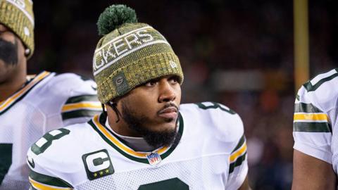 Green Bay Packers running back Josh Jacobs looks on prior to a game in January