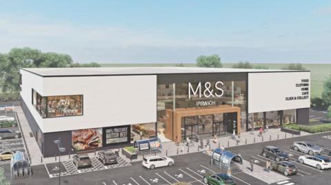 An artist's impression of what the new M&S store at the Copdock Interchange could look like. It shows a large square white building with the M&S logo on the front on a large window. A car park sits in front of the store.