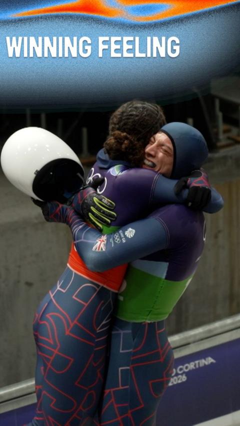 Team GB's Tabitha Stoecker and Matt Weston celebrate winning skeleton mixed team goldmixed 